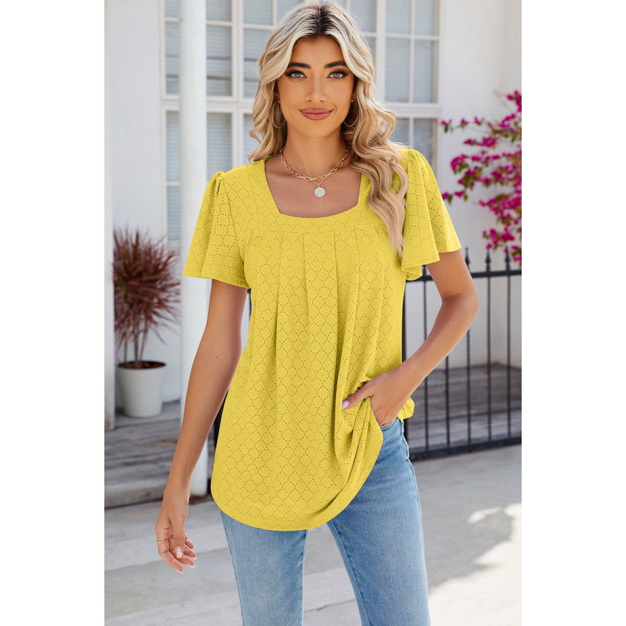 Eyelet Square Neck Flutter Sleeve Blouse True Yellow / S Apparel and Accessories