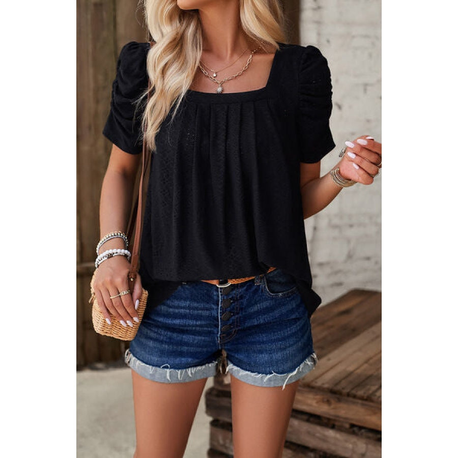 Eyelet Square Neck Puff Sleeve T-Shirt Black / S Clothing