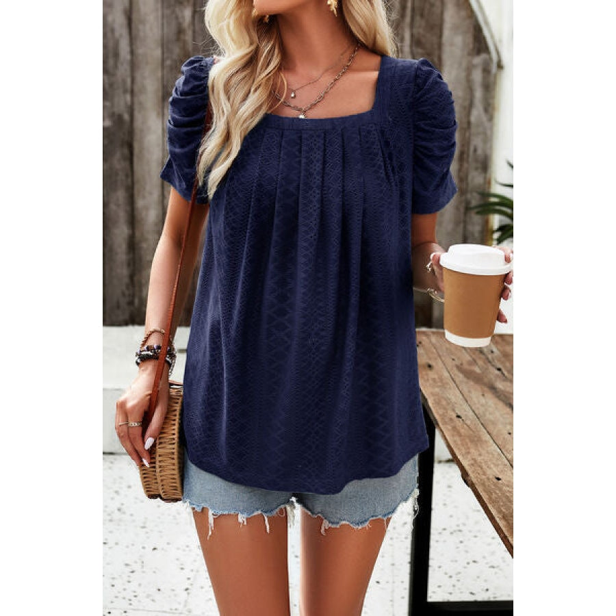 Eyelet Square Neck Puff Sleeve T-Shirt Clothing