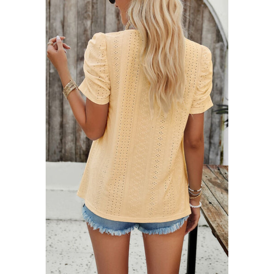 Eyelet Square Neck Puff Sleeve T-Shirt Clothing