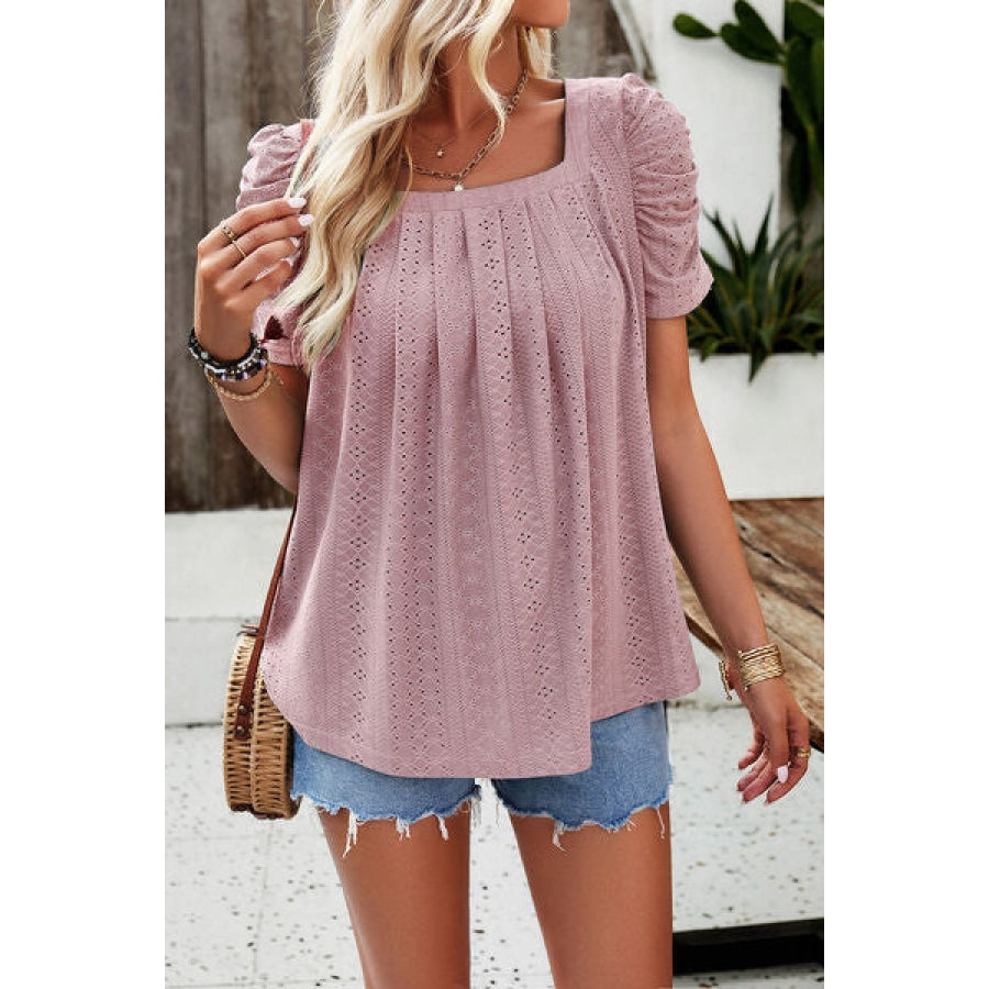 Eyelet Square Neck Puff Sleeve T-Shirt Clothing