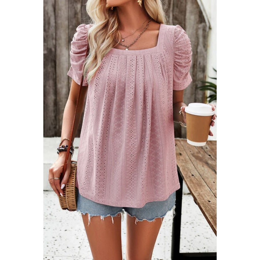 Eyelet Square Neck Puff Sleeve T-Shirt Clothing