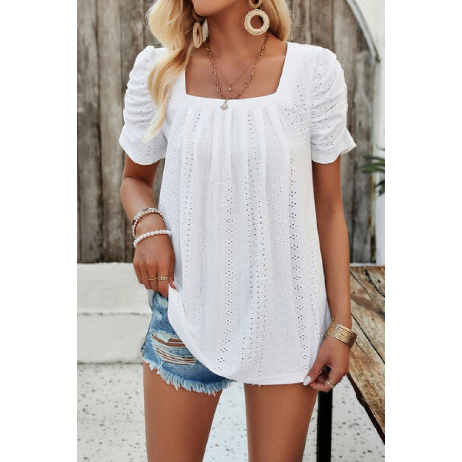 Eyelet Square Neck Puff Sleeve T-Shirt Clothing