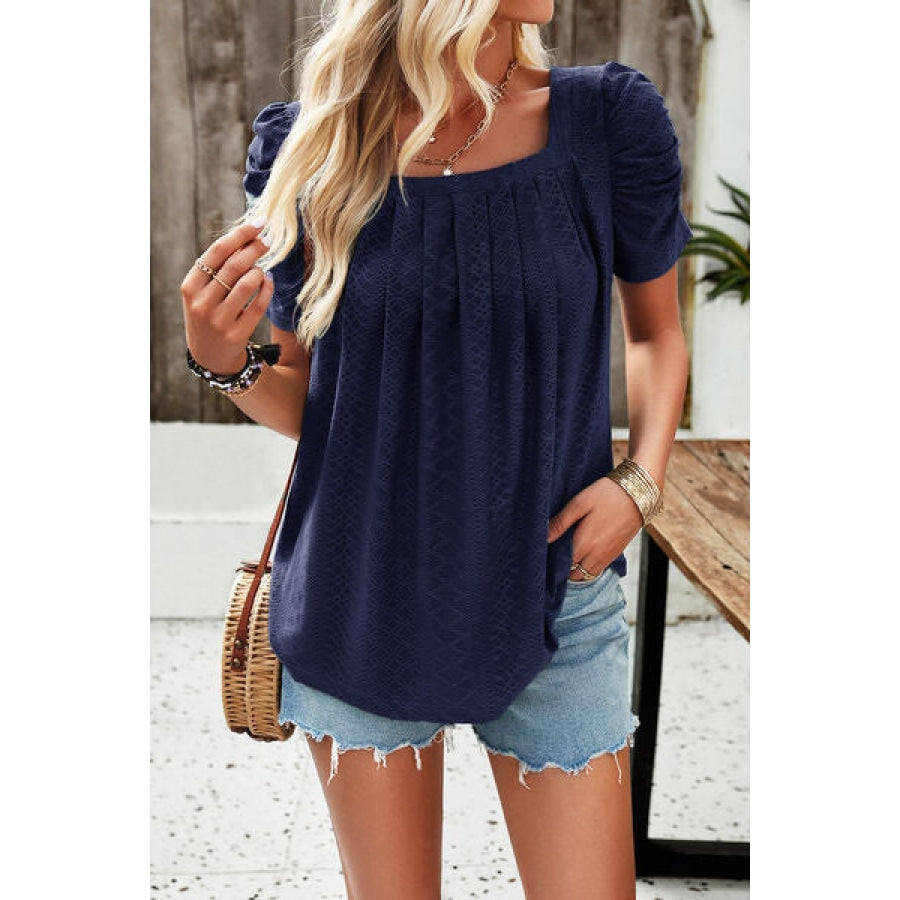 Eyelet Square Neck Puff Sleeve T-Shirt Clothing