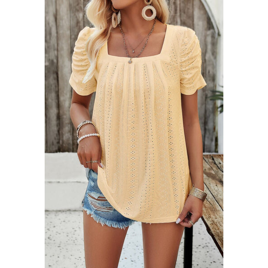 Eyelet Square Neck Puff Sleeve T-Shirt Clothing