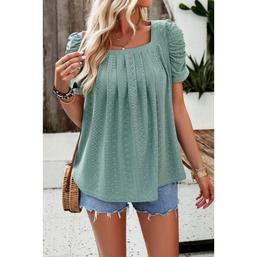 Eyelet Square Neck Puff Sleeve T-Shirt Clothing