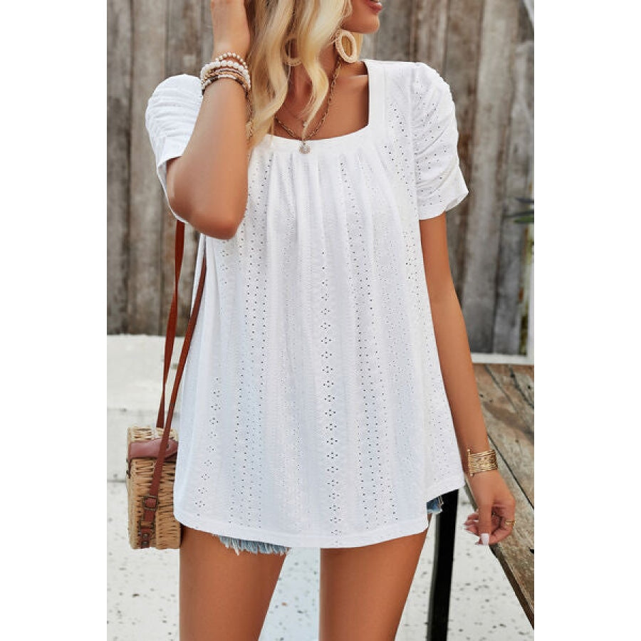 Eyelet Square Neck Puff Sleeve T-Shirt Clothing