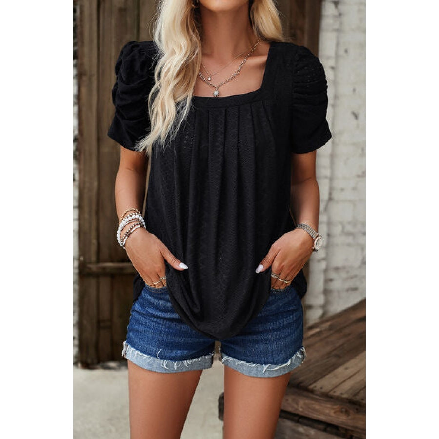 Eyelet Square Neck Puff Sleeve T-Shirt Clothing