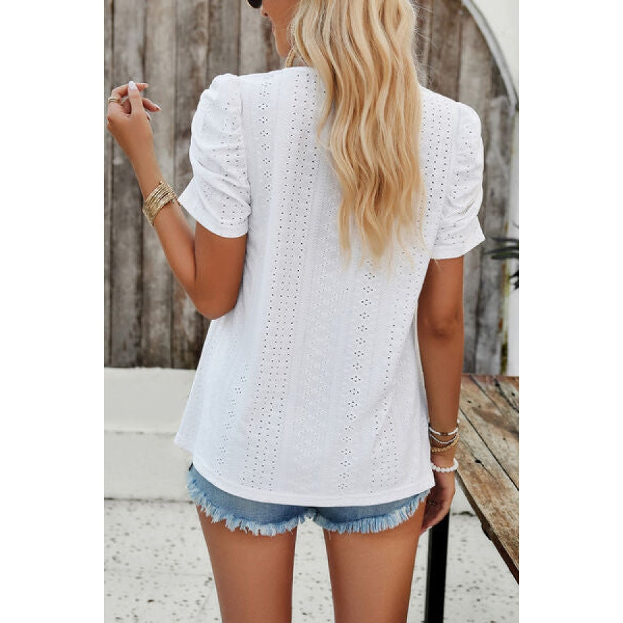 Eyelet Square Neck Puff Sleeve T-Shirt Clothing