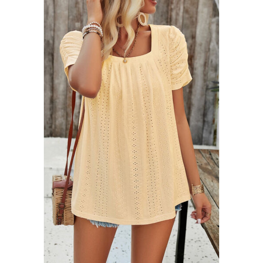 Eyelet Square Neck Puff Sleeve T-Shirt Clothing