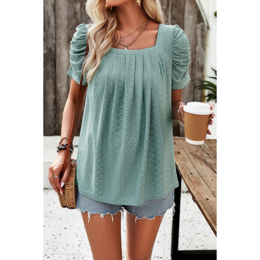 Eyelet Square Neck Puff Sleeve T-Shirt Gum Leaf / S Clothing