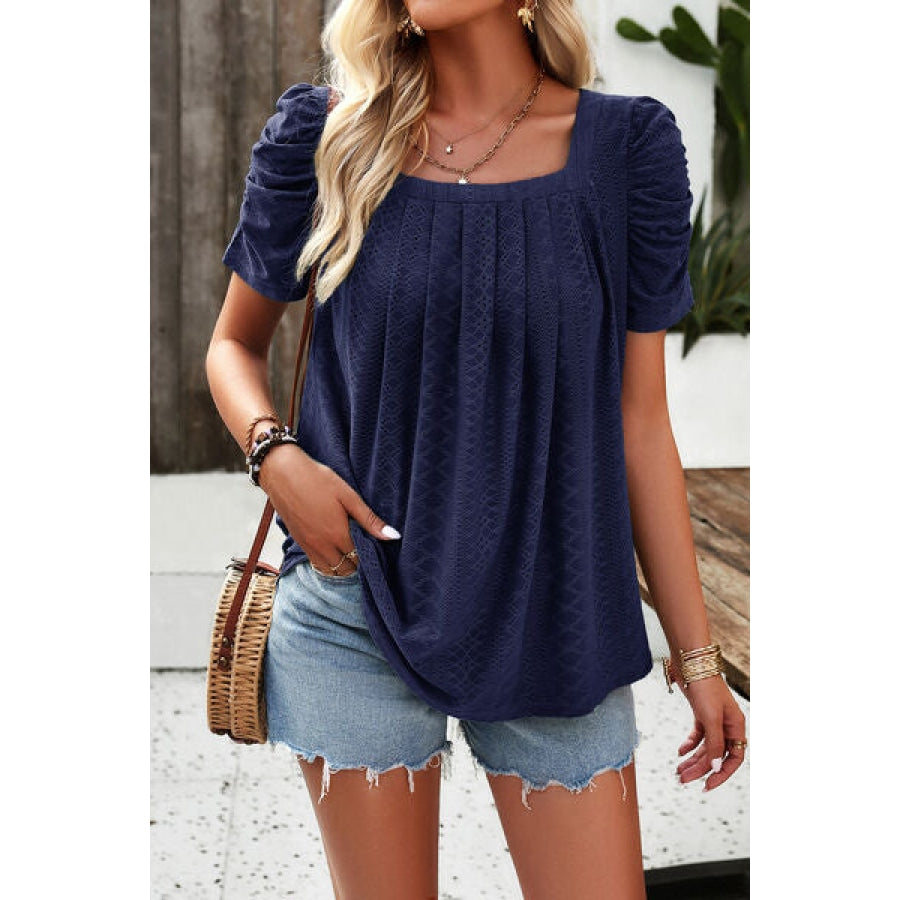 Eyelet Square Neck Puff Sleeve T-Shirt Navy / S Clothing