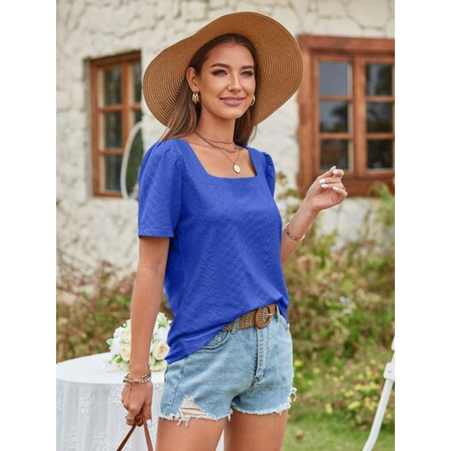 Eyelet Square Neck Short Sleeve Blouse Apparel and Accessories