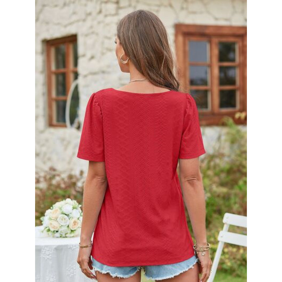 Eyelet Square Neck Short Sleeve Blouse Apparel and Accessories