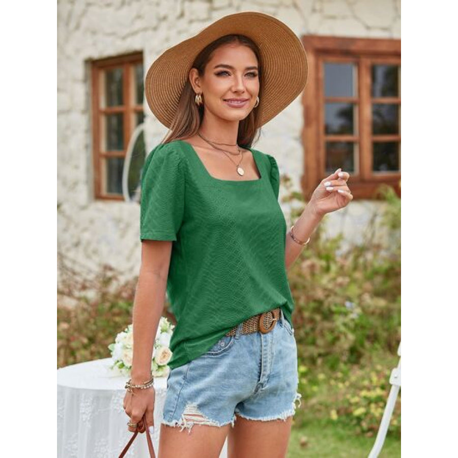 Eyelet Square Neck Short Sleeve Blouse Apparel and Accessories