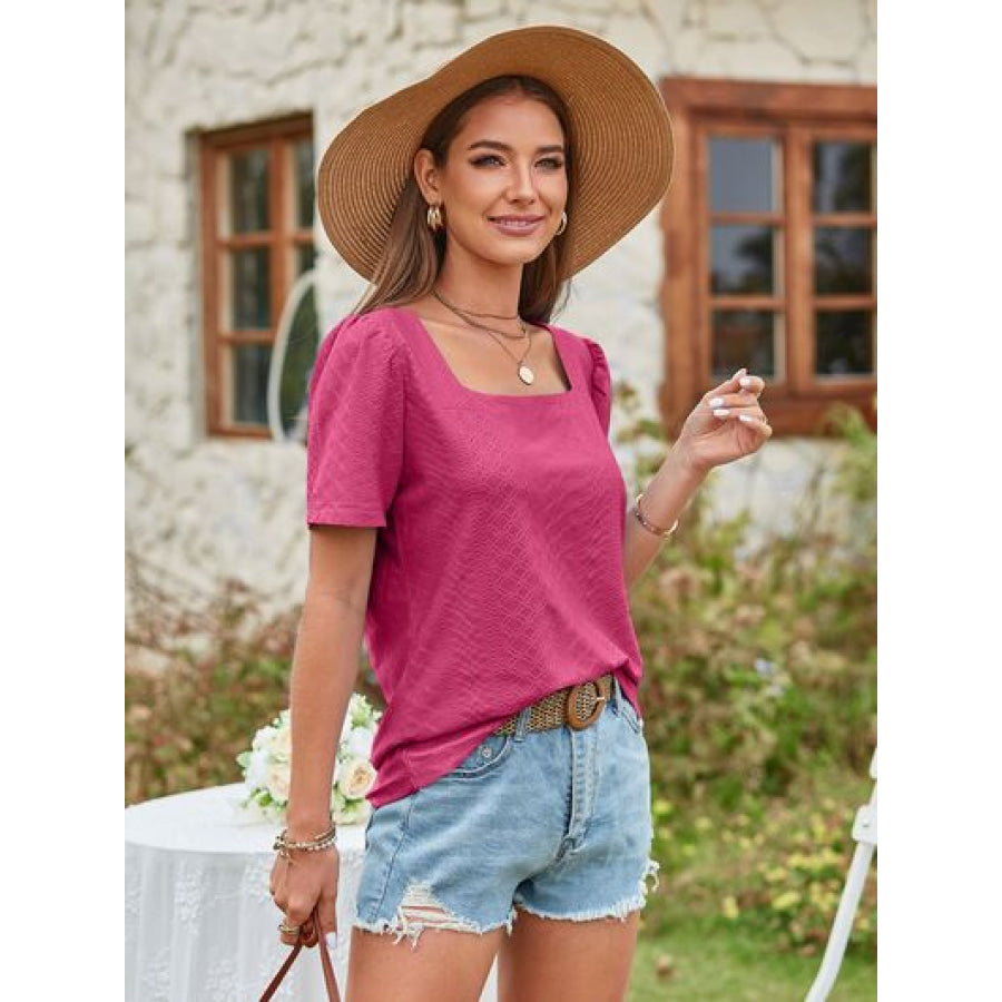 Eyelet Square Neck Short Sleeve Blouse Apparel and Accessories