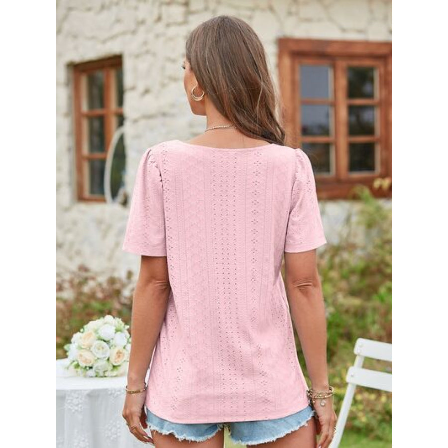 Eyelet Square Neck Short Sleeve Blouse Apparel and Accessories