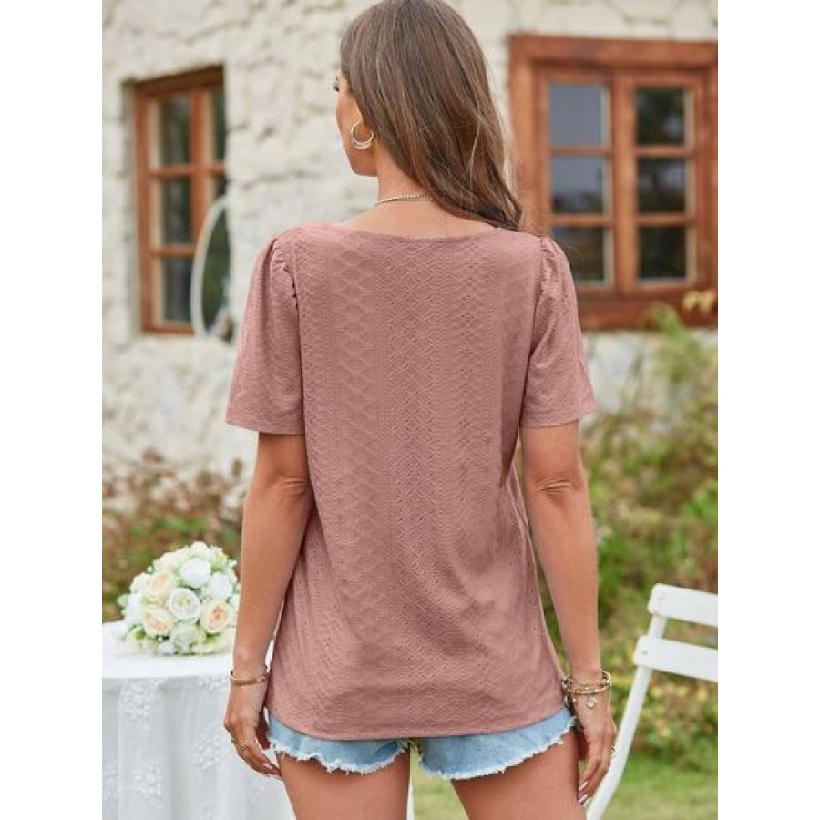 Eyelet Square Neck Short Sleeve Blouse Apparel and Accessories