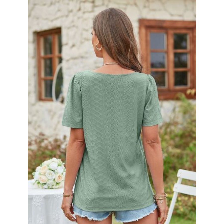 Eyelet Square Neck Short Sleeve Blouse Apparel and Accessories