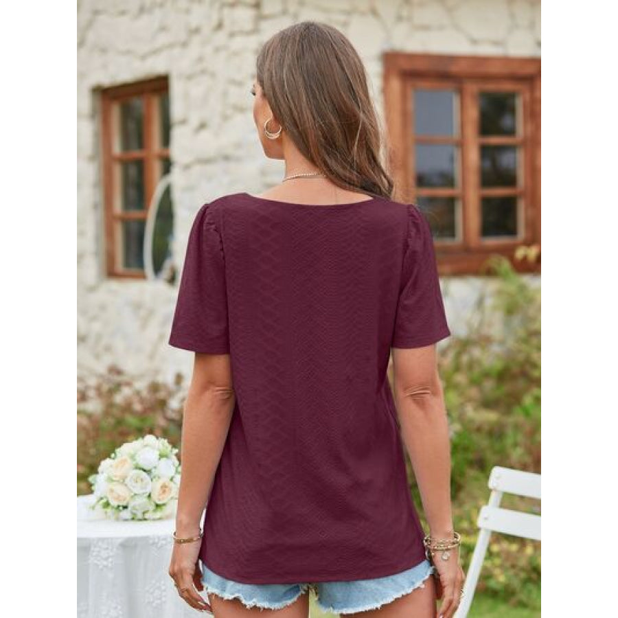 Eyelet Square Neck Short Sleeve Blouse Apparel and Accessories