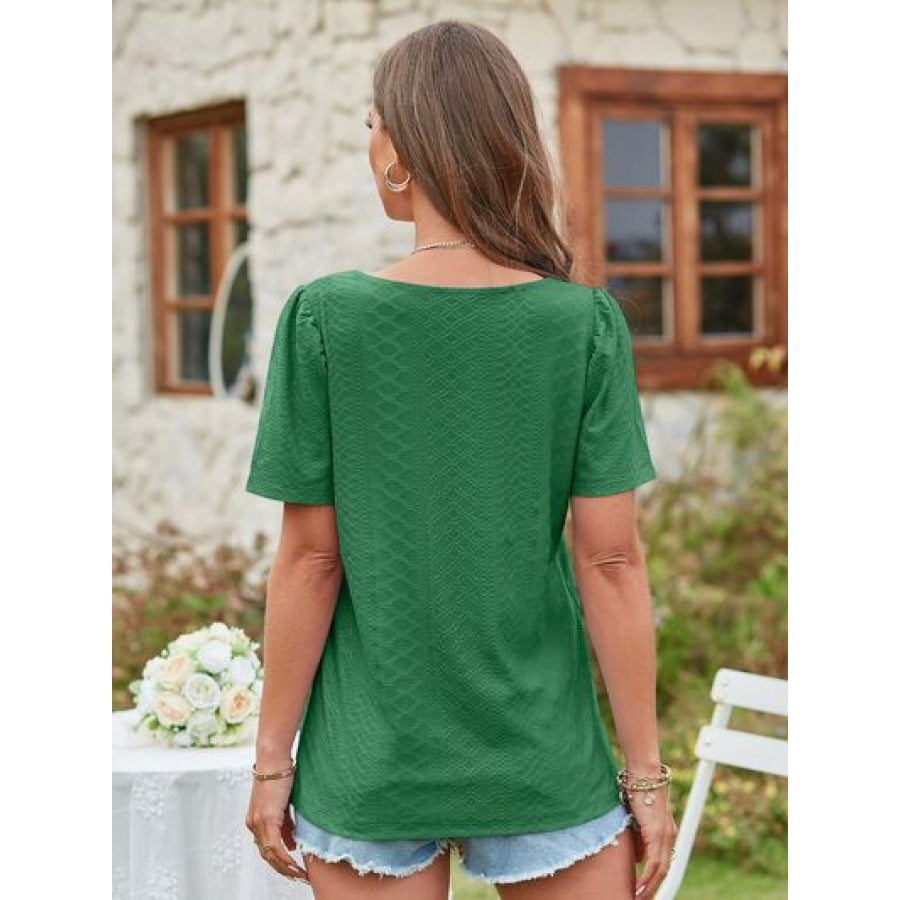 Eyelet Square Neck Short Sleeve Blouse Apparel and Accessories