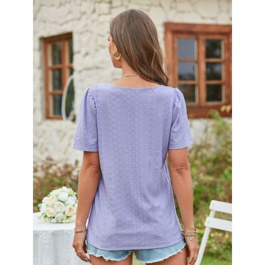 Eyelet Square Neck Short Sleeve Blouse Apparel and Accessories