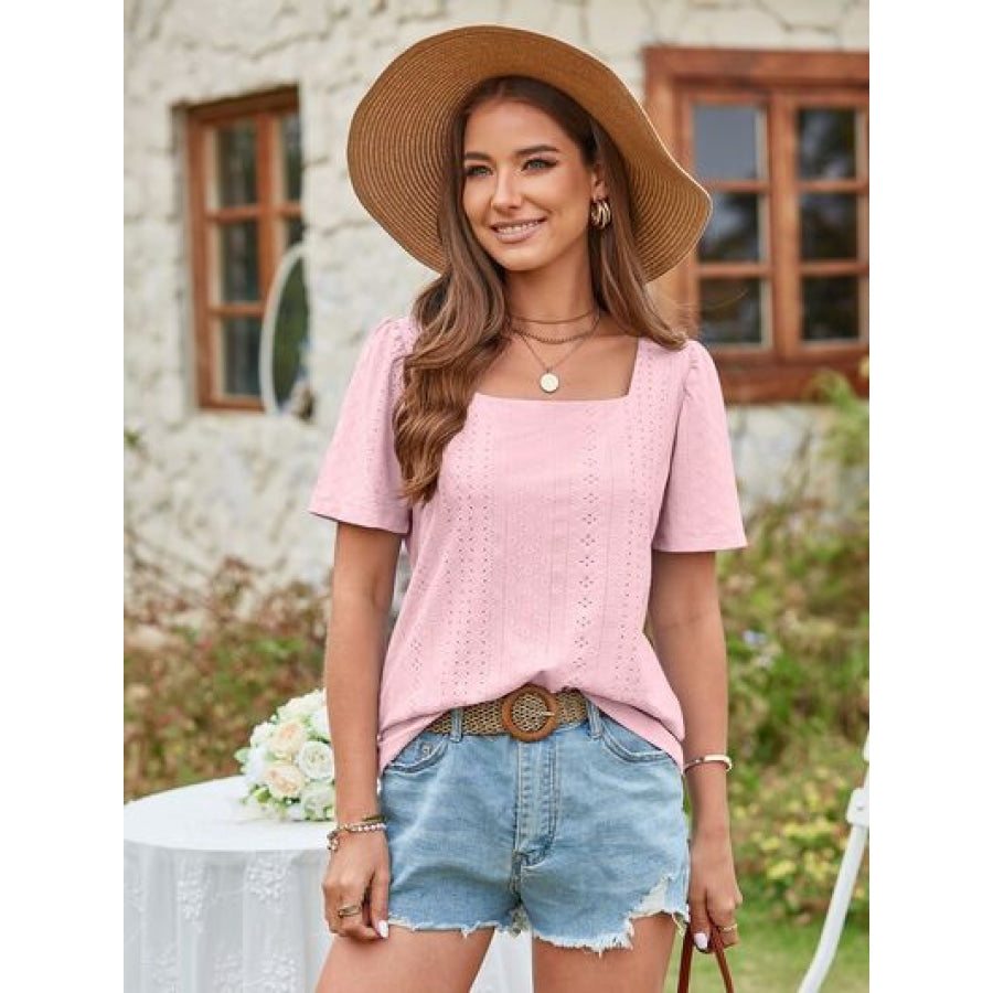 Eyelet Square Neck Short Sleeve Blouse Apparel and Accessories