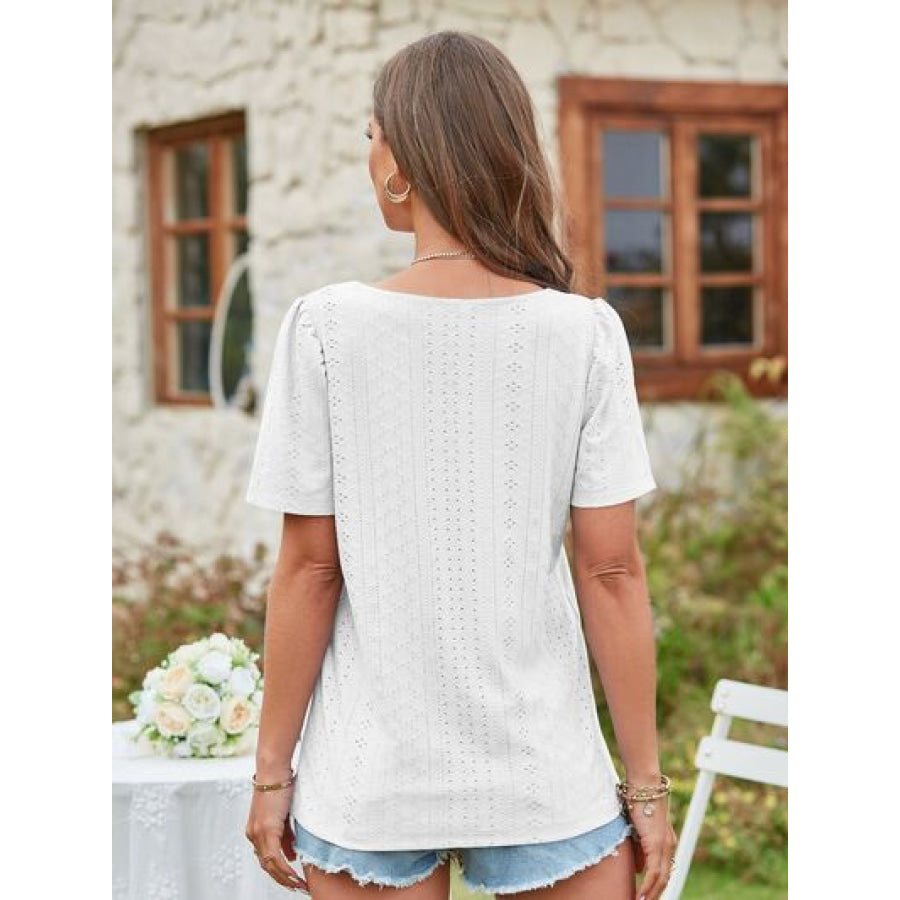 Eyelet Square Neck Short Sleeve Blouse Apparel and Accessories