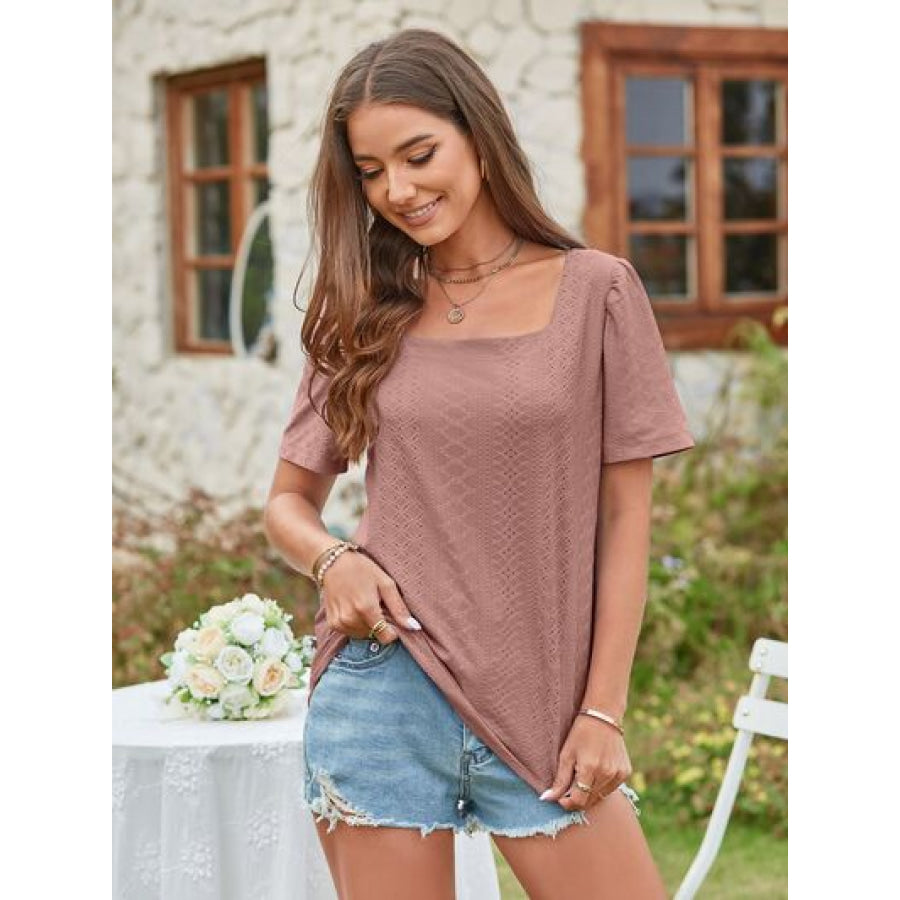 Eyelet Square Neck Short Sleeve Blouse Apparel and Accessories