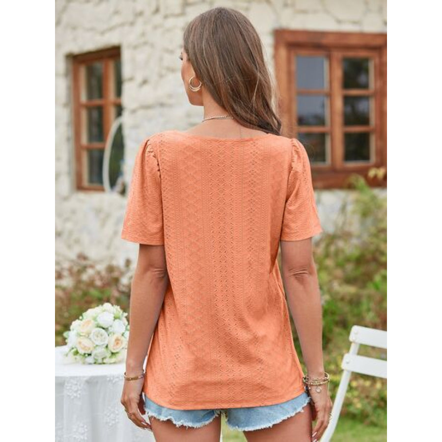 Eyelet Square Neck Short Sleeve Blouse Apparel and Accessories