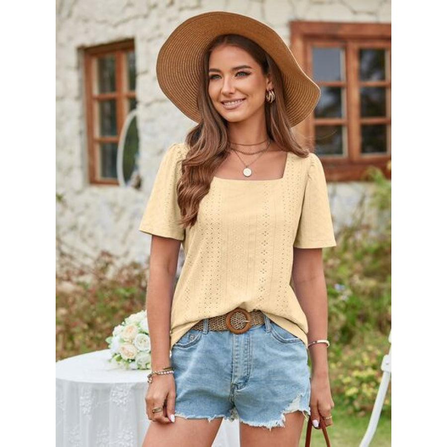 Eyelet Square Neck Short Sleeve Blouse Apparel and Accessories