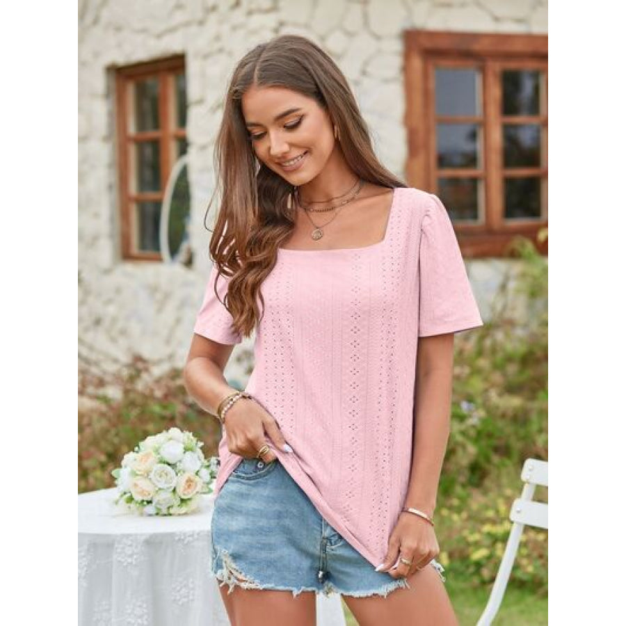 Eyelet Square Neck Short Sleeve Blouse Apparel and Accessories