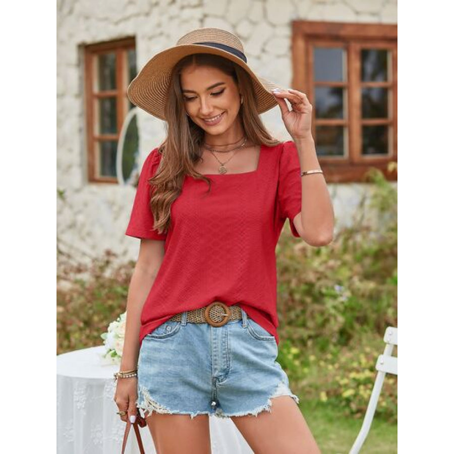 Eyelet Square Neck Short Sleeve Blouse Apparel and Accessories