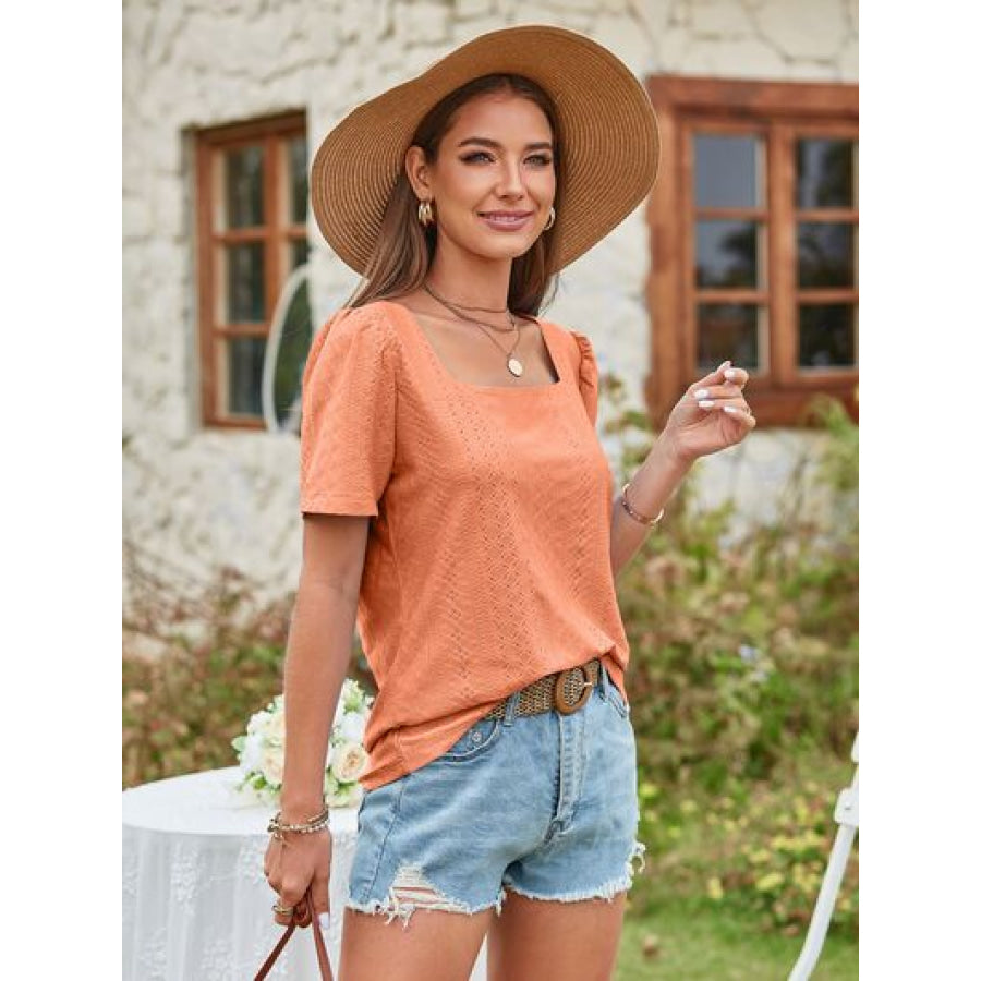 Eyelet Square Neck Short Sleeve Blouse Apparel and Accessories