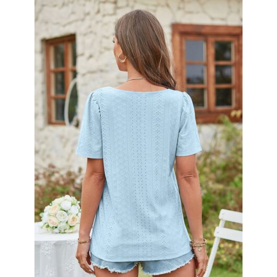 Eyelet Square Neck Short Sleeve Blouse Apparel and Accessories