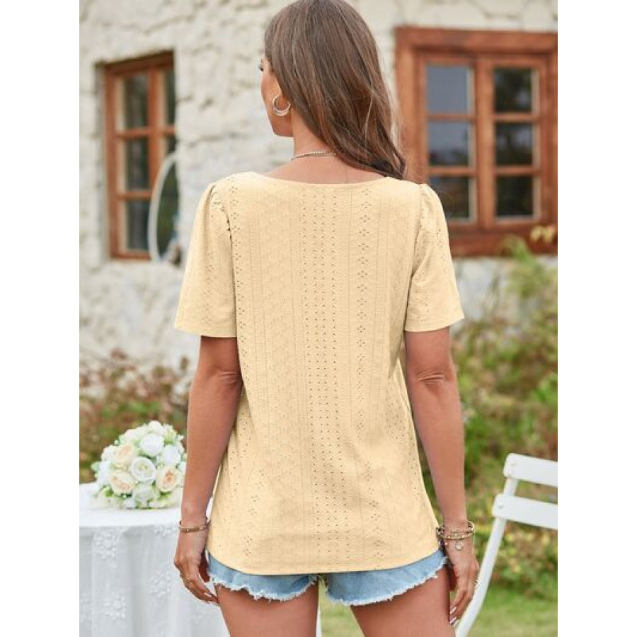 Eyelet Square Neck Short Sleeve Blouse Apparel and Accessories