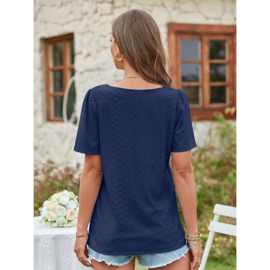 Eyelet Square Neck Short Sleeve Blouse Apparel and Accessories