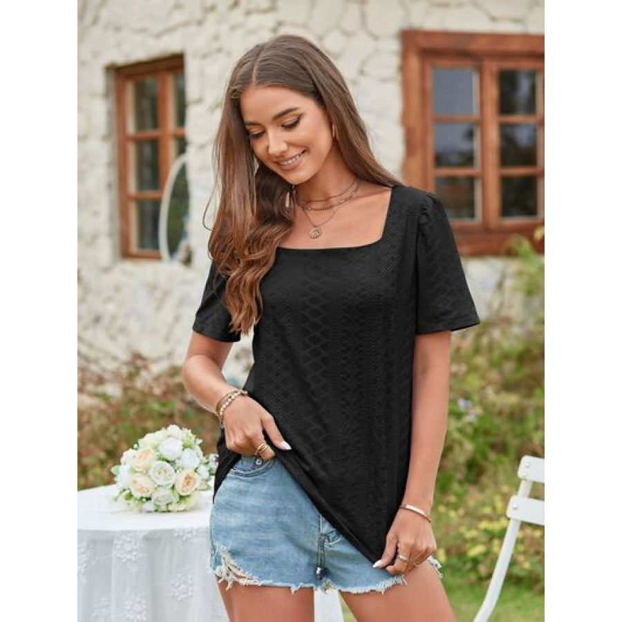 Eyelet Square Neck Short Sleeve Blouse Black / S Apparel and Accessories