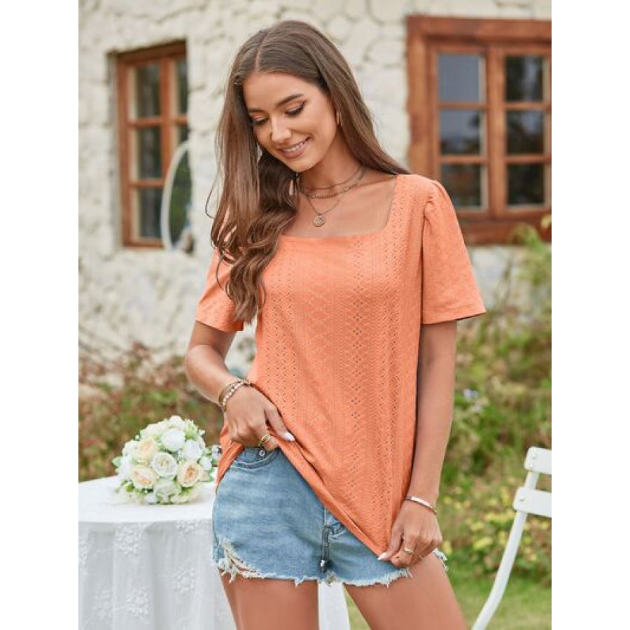 Eyelet Square Neck Short Sleeve Blouse Coral / S Apparel and Accessories