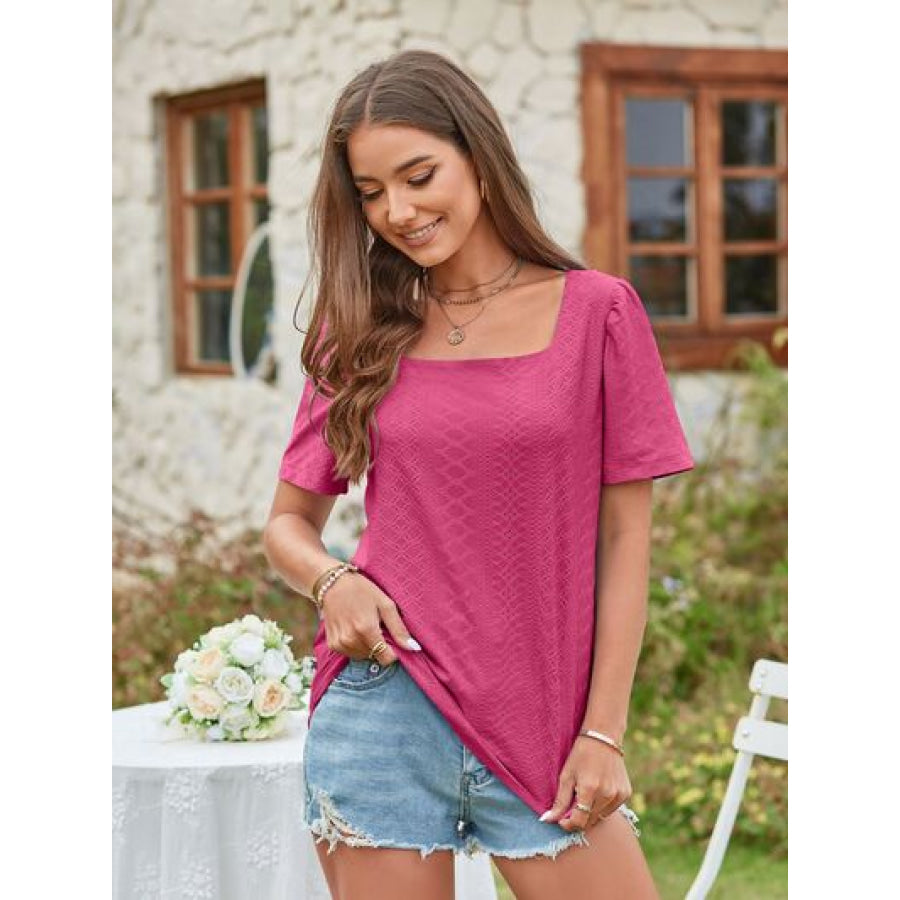 Eyelet Square Neck Short Sleeve Blouse Hot Pink / S Apparel and Accessories