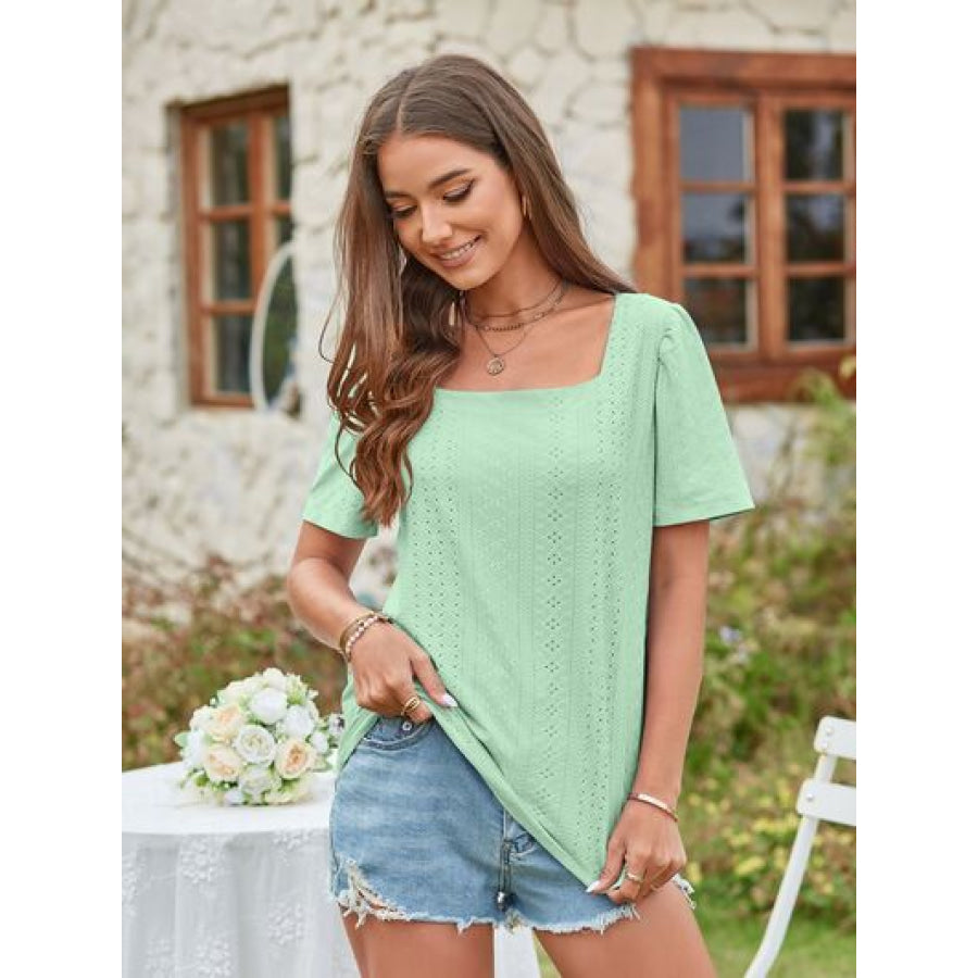 Eyelet Square Neck Short Sleeve Blouse Light Green / S Apparel and Accessories