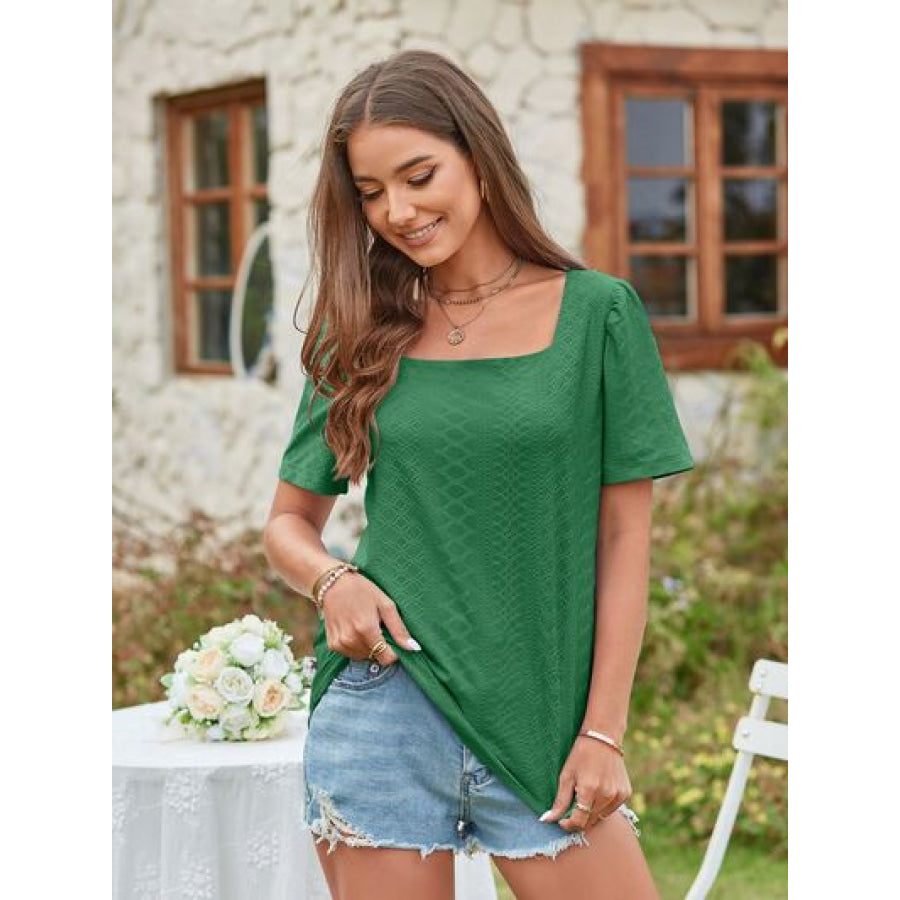 Eyelet Square Neck Short Sleeve Blouse Mid Green / S Apparel and Accessories