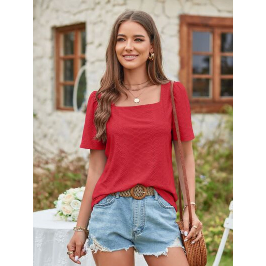 Eyelet Square Neck Short Sleeve Blouse Red / S Apparel and Accessories