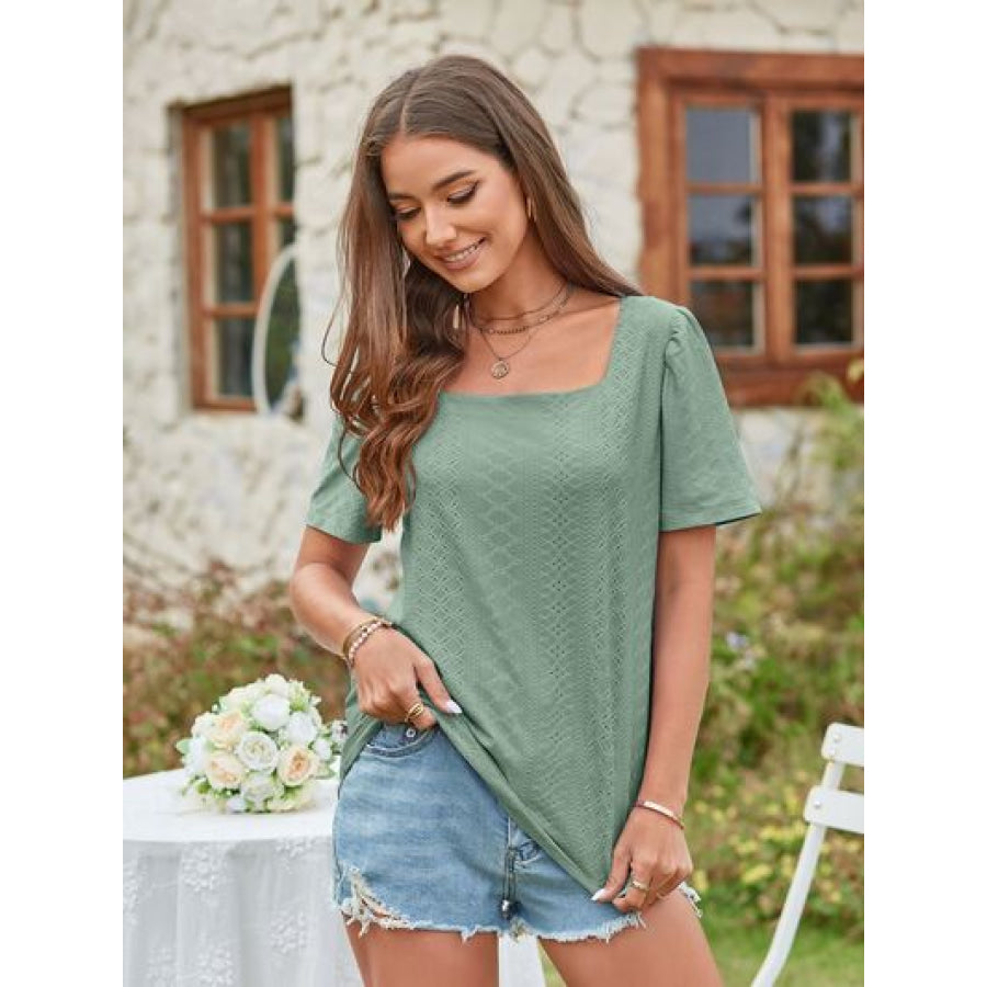 Eyelet Square Neck Short Sleeve Blouse Sage / S Apparel and Accessories