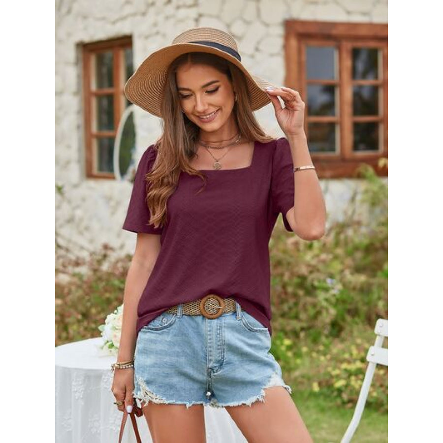 Eyelet Square Neck Short Sleeve Blouse Wine / S Apparel and Accessories