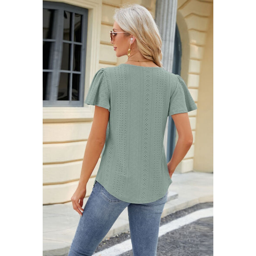 Eyelet Square Neck Short Sleeve T-Shirt Apparel and Accessories