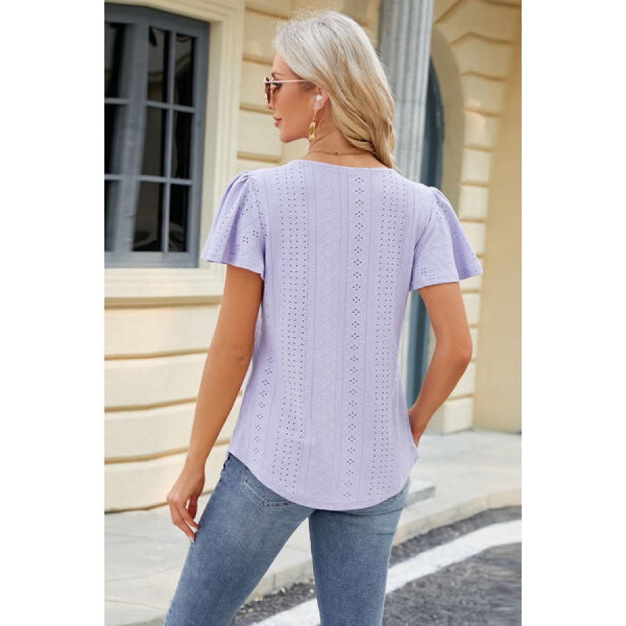 Eyelet Square Neck Short Sleeve T-Shirt Apparel and Accessories