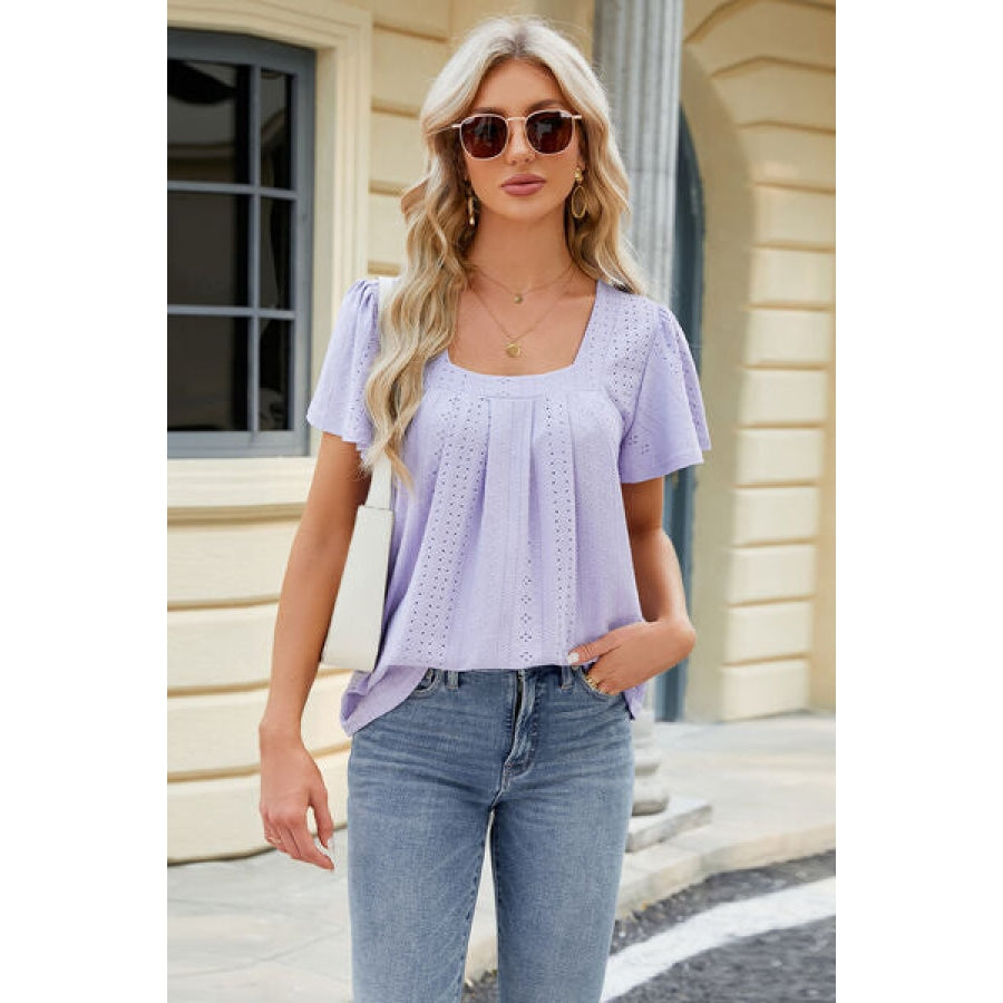 Eyelet Square Neck Short Sleeve T-Shirt Apparel and Accessories