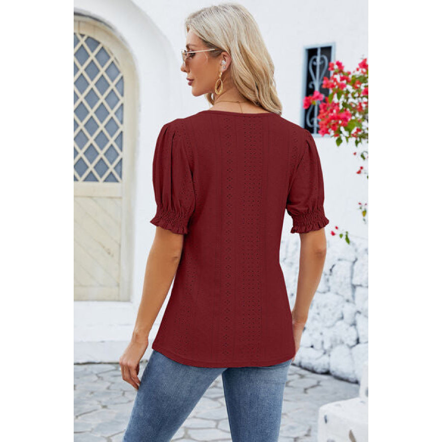 Eyelet Square Neck Short Sleeve T-Shirt Apparel and Accessories