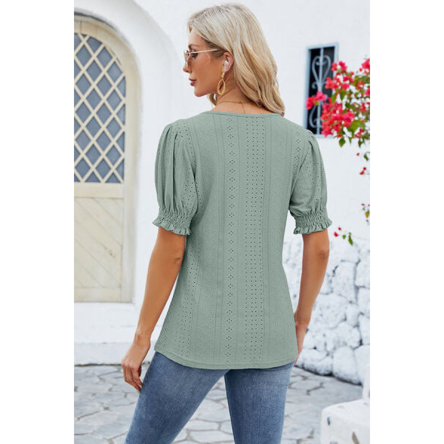 Eyelet Square Neck Short Sleeve T-Shirt Apparel and Accessories